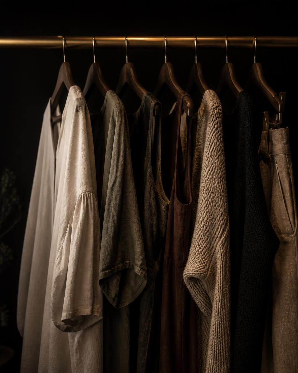 Curated women's clothing on a brass rail at Fine Things boutique in Arnold, CA