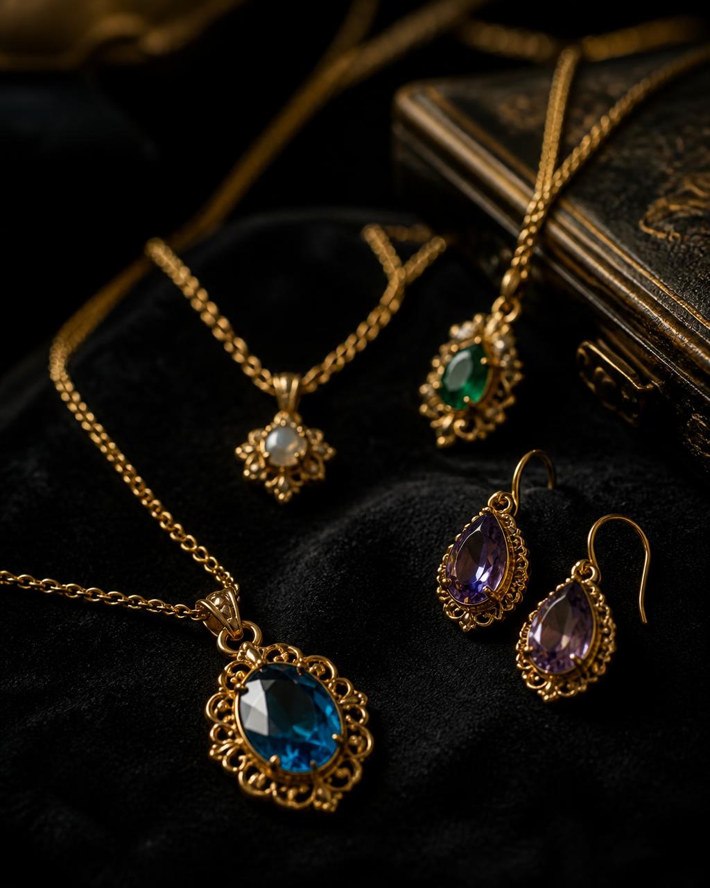 Gold and gemstone jewelry displayed on black velvet at Fine Things in Arnold, CA
